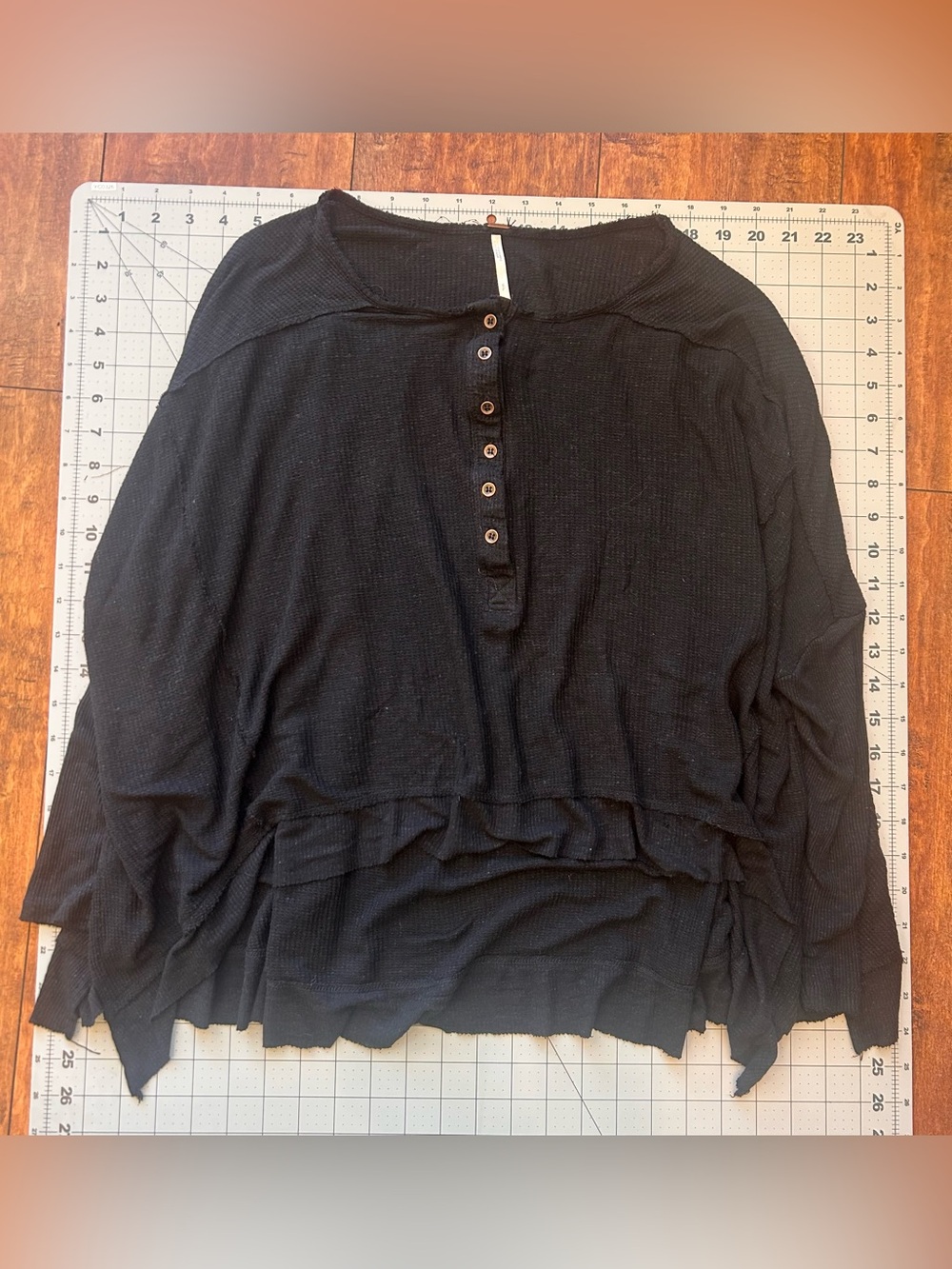 Free People Black Waffle Knit Henley Top | Oversized Textured Long Sleeve Small